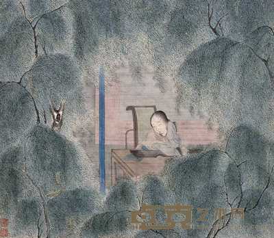 念慈 春柳枕琴图 镜心 26.5×30cm